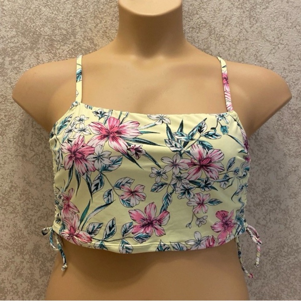 Ardene Yellow Floral Square-Neck Bikini Top with Pink & Green Accents